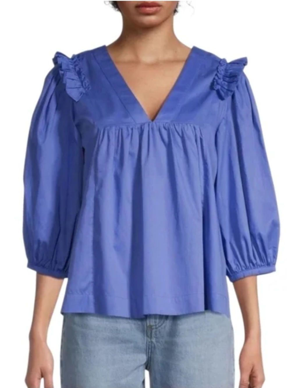 NWT Harshman V-Neck Cheryl Ruffle Shoulder Blouse in Indigo Blue Sz M